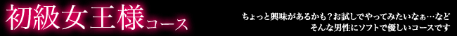 初級女王様コースはちょっと興味があるかも？お試しでやってみたいなあ？など…そんな男性にソフトでやさしいコースです♪最初にカウンセリングもあるので、安心して来て下さいネ♪